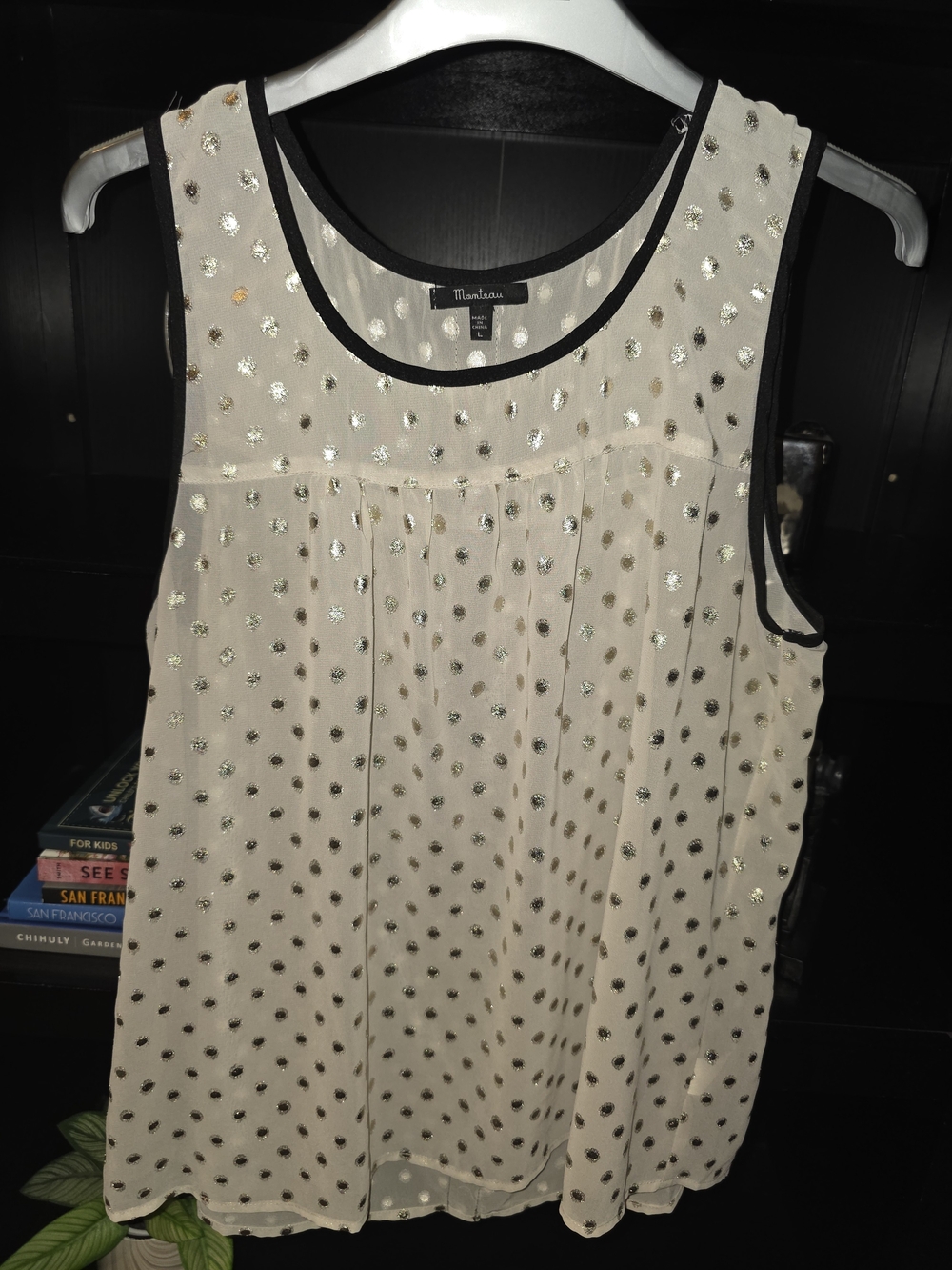 Monteau Sheer Sleeveless Metallic Dot Blouse Black/tan/gold Size L PTP 21 Inches